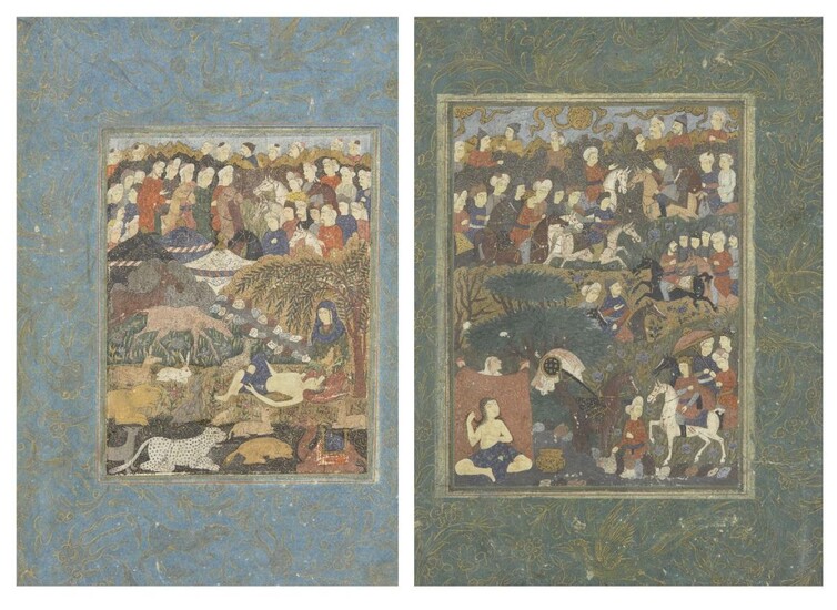 Property from an Important Private Collection Two Safavid-style illustration depicting Layla wa Majnun, Iran, 19th/20th century, opaque colours with gold on paper, the reverse with four vertical columns of neat black nasta'liq, in painted wood...