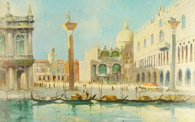 R. Faber, British school, late 20th century- St Mark's, Venice; oil on canvas, signed lower right, bears label for J. Davey & Sons attached to the reverse of the frame, 61 x 81 cm