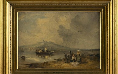 AFTER RICHARD P. BONINGTON (United Kingdom, 1802-1828), Coastal scene with figures on shore and in