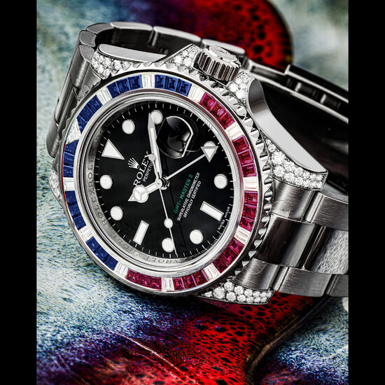 ROLEX. A RARE 18K WHITE GOLD, DIAMOND, RUBY AND SAPPHIRE-SET AUTOMATIC DUAL TIME WRISTWATCH WITH SWEEP CENTRE SECONDS, DATE AND BRACELET GMT MASTER II 'SARU' MODEL, REF. 116759SARU, CIRCA 2016
