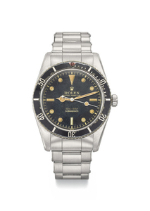 ROLEX. A RARE STAINLESS STEEL AUTOMATIC WRISTWATCH WITH SWEEP CENTRE SECONDS, BRACELET, ROLEX OYSTER GUARANTEED 100M/330FEET UNDER WATER ANCHOR, BLANK GUARANTEE AND BOX, SIGNED ROLEX, OYSTER PERPETUAL, 100M=330FT, SUBMARINER, REF. 6536/1, CASE NO....