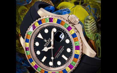 ROLEX. A VERY ATTACTIVE 18K PINK GOLD, DIAMOND AND MULTI-COLOUR GEMSTONE-SET AUTOMATIC WRISTWATCH WITH SWEEP CENTRE SECONDS AND DATE YACHT-MASTER “CANDY“, REF. 116695SATS, CIRCA 2019