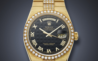 ROLEX, RARE YELLOW GOLD AND DIAMOND-SET 'OYSTERQUARTZ DAY-DATE', WITH ONYX PYRAMID DIAL, REF. 19148