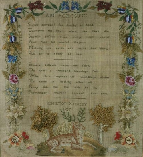 Rare 1827 Acrostic Poem Sampler Worked by Eleanor Sowter