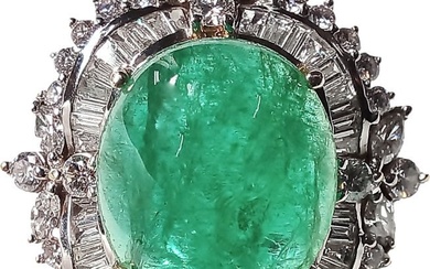 Retro Deco Style 18K White Gold 2CTW Diamond Ultra Fine Emerald Cabochon Ring