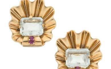 Retro Ruby, Aquamarine, Gold Earrings Stones: Emerald-cut aquamarines weighing...