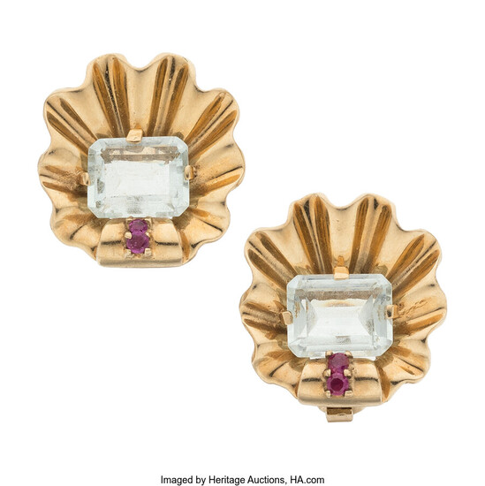 Retro Ruby, Aquamarine, Gold Earrings Stones: Emerald-cut aquamarines weighing...