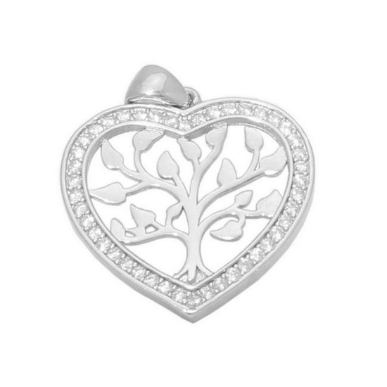 Rhodium Plated 925 Sterling Silver Tree of Life Heart Pendant