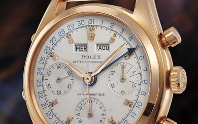 Rolex, Ref. 6036 A highly rare and attractive pink gold triple calendar chronograph wristwatch with bracelet and guarantee