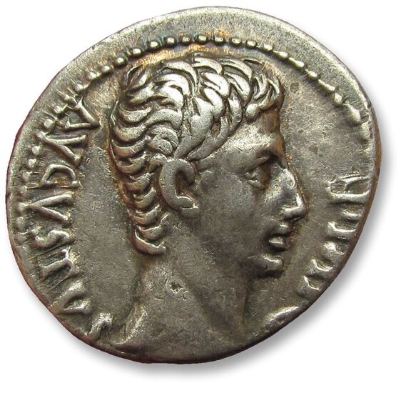 Roman Empire. Octavian as Augustus. Silver Denarius,Lyon / Lugdunum 15-13 BC - Apollo Citharoedus standing left