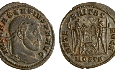 Roman Imperial. Maxentius (307-312). AE Follis. Ostia, 1st Officina. Laureate head right, rev....