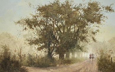 Roy Perry RI, British 1935-1993 - Dorset Lane with a Hunt in the background; gouache on paper, signed lower right 'Roy Perry', 44 x 63.5 cm (ARR)