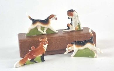 Royal Worcester, set of hunting fox and hound menu holders, by Doris Lindner