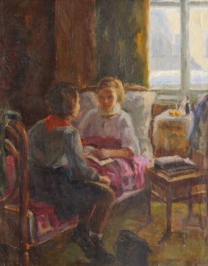 Russian School, mid-late 20th century- Interior scene; oil on canvas, inscribed in Cyrillic and dated to the reverse, 55 x 45 cm