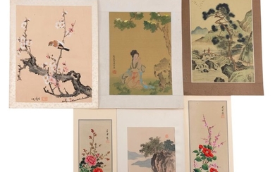 SIX ASIAN PAINTINGS 1) Two boatmen. 2-3) Two works depicting roses. 4) Two figures crossing a bridge. 5) Birds and prunus. 6) A woma...