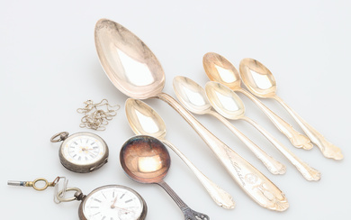SPOONS, POCKET WATCH, LINK, 10 pieces, silver, total weight 248 grams.