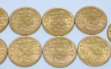 SUISSE. Neuf pièces 20 Francs or. 1935