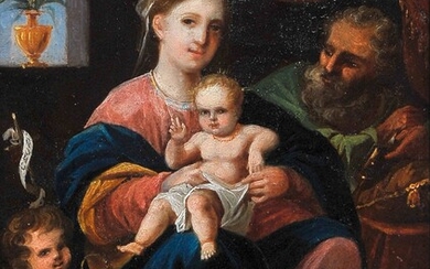 Sainte Famille 17ème / 18ème siècle Huile sur cuivre 19 x 14,5 cm