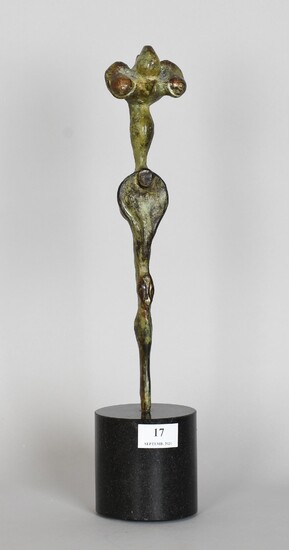 Sculpture anthropomorphe en bronze à patine verte, sur base circulaire en marbre (signée) - Hauteur...