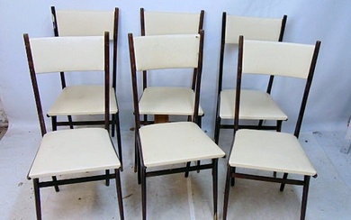 Set of 6 Mid Century chairs, white vinyl seat & back, wood framed legs have brass caps, some old