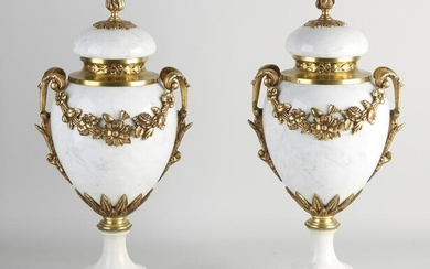Set of French marble cassolettes with bronze. Circa
