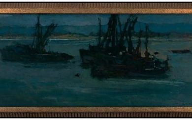 Si Yuan Original Harbor Painting Oil On Board Signed Boats Framed Seascape Art