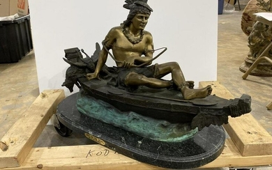 Signed After C.M. Russell Bronze on Marble Statue Boy on Boat