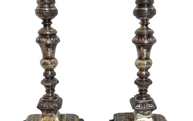 Signed Antique Portuguese 925 Sterling Silver Pair Of Candlestick Holders 17th Or 18th Century