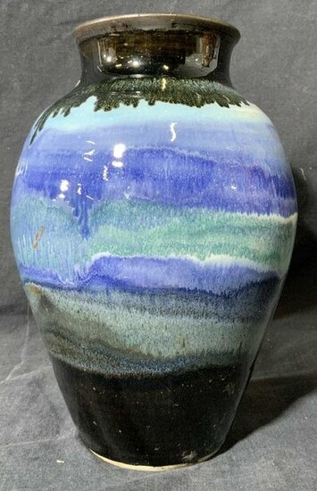 Signed Ceramic Vase with Blue Toned Glaze