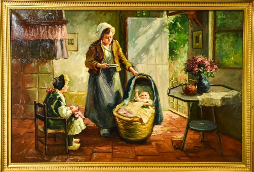 Signed Genre Scene of Woman & Children Painting