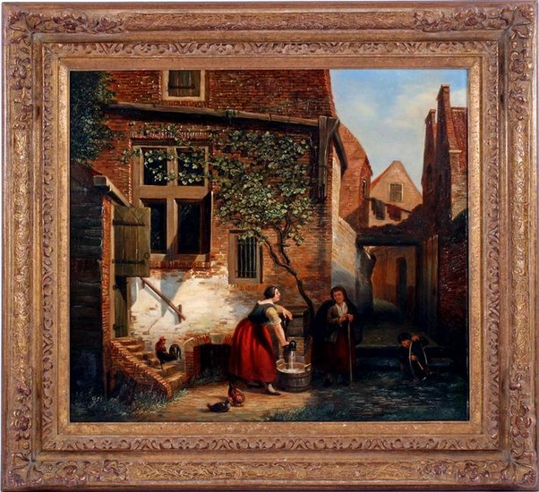 Signed M Savry, Scene in courtyard with woman with pump