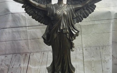 Signed Original Female Angel Figure Bronze Sculpture On Marble Base - 27.5" x 22"