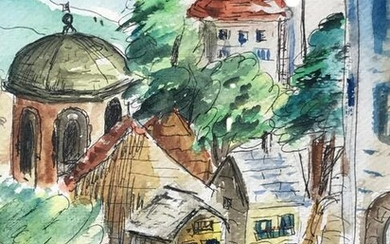Signed Pen & Watercolor Painting of Mostar Bosnia
