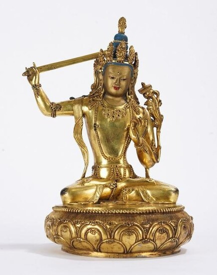Sino Tibetan Gilt Bronze Figure of Manjusri