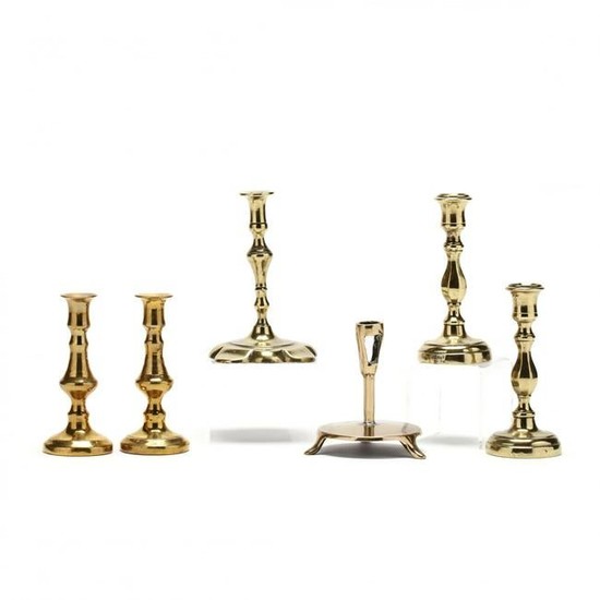 Six Antique Brass Miniature Candlesticks