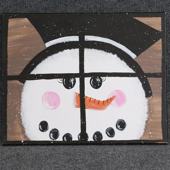 Snowman Face at Window 20th C. Oil on Canvas Painting