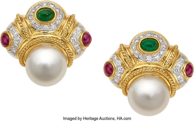 South Sea Cultured Pearl, Ruby, Emerald, Diamond, Gold Earrings...