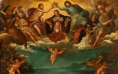 Spanish or Italian school; 17th century. "Coronation of the Virgin" Oil on canvas. Relined It...
