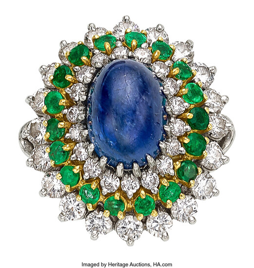 Star Sapphire, Emerald, Diamond, Platinum, Gold Ring Stones: Oval-shaped...