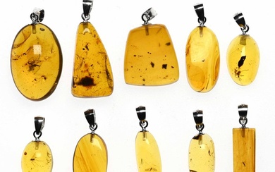 Sterling Silver Burmese Amber Pendant - Fossil cabochon - All with Fossil Insect Inclusions - Lot of 10 (No Reserve Price)