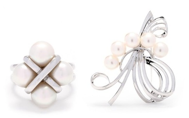 Sterling Silver Pearl Brooch and White Gold and Pearl Ring, Mikimoto