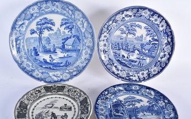 THREE ANTIQUE BLUE AND WHITE POTTERY PLATES together with a ...