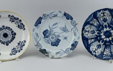 THREE DELFT CHARGERS 18th Century Diameters from 11.75” to 12.5”.