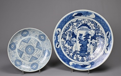 TWO CHINESE BLUE AND WHITE PORCELAIN DISHES, 19TH CENTURY....