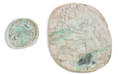 TWO CHINESE JADEITE OVAL PLAQUES Smaller: 2 3/4 x 1 3/4 in. (7 x 4.4 cm.), Larger: 5 3/4 x 3 3/4 in. (14.6 x 9.5 cm.)