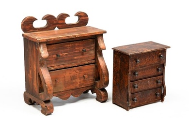 TWO MINIATURE PAINTED CHESTS OF DRAWERS.