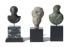 TWO ROMAN BRONZE APPLIQUES AND A LEAD HEAD...