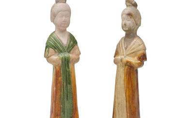 TWO SANCAI-GLAZED POTTERY MODELS OF COURT LADIES Tang Dynasty
