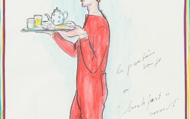 The red panther, Jacques de Bascher in a red costume carrying a breakfeast plate | La panthère rouge, Jacques de Bascher en costume rouge portant un plateau de petit déjeuner