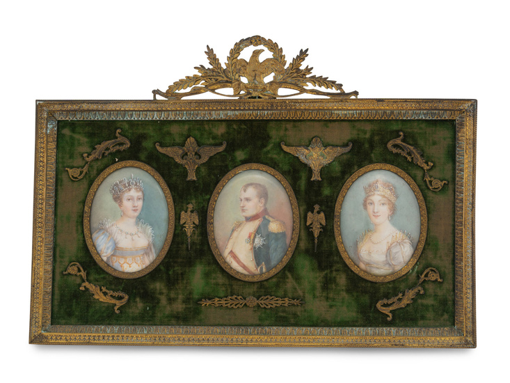 Three Napoleonic Portrait Miniatures in a Gilt Bronze Frame